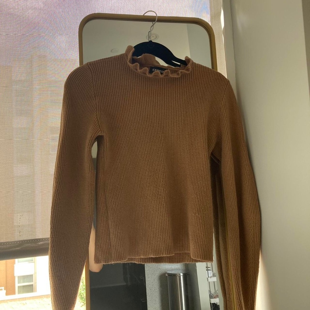 Tan Express Ruffle Neck Sweater
